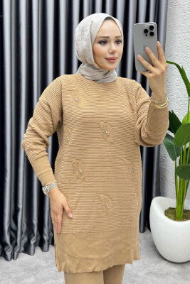 Eylül Taş Detaylı Triko Takım 1208 Latte - 2