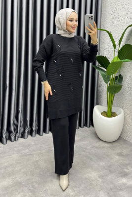 Eylül Taş Detaylı Triko Takım 1208 Siyah - 3