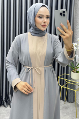 Garni Detaylı İkili Abaya Takım 6220 Gri - 2