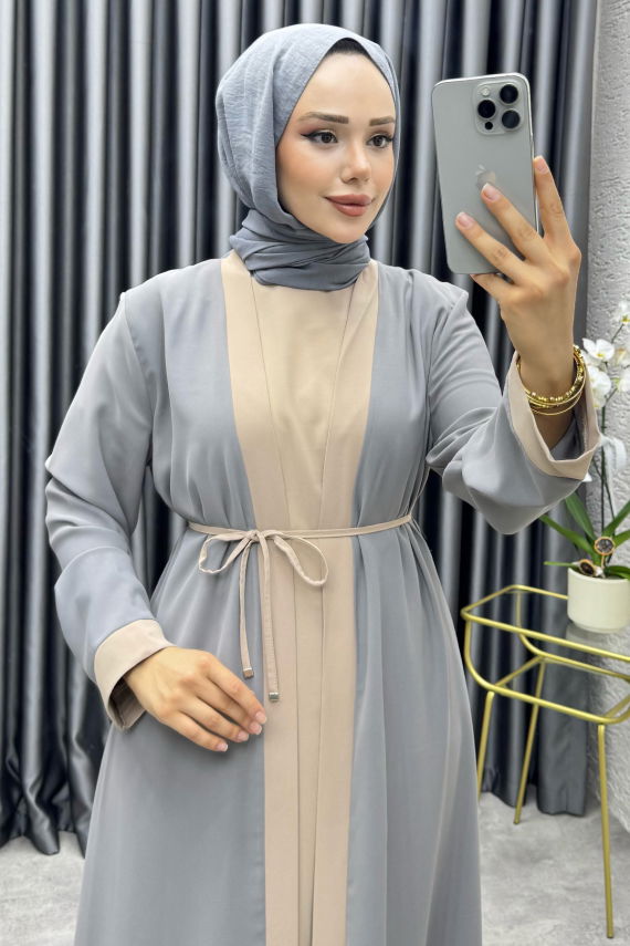 Garni Detaylı İkili Abaya Takım 6220 Gri - NWS (1)