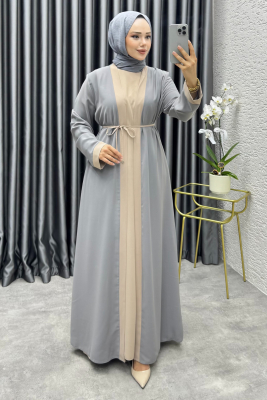 Garni Detaylı İkili Abaya Takım 6220 Gri - 3