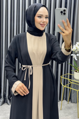 Garni Detaylı İkili Abaya Takım 6220 Siyah - 2