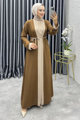 Garni Detaylı İkili Abaya Takım 6220 Taba - 3