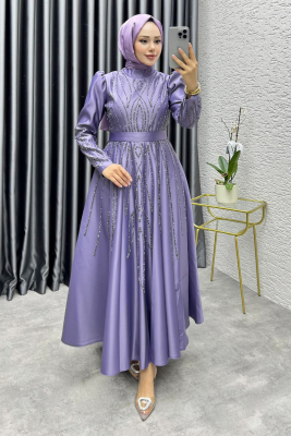 Gökçe Taş İşlemeli Abiye 6636 Lila - 1