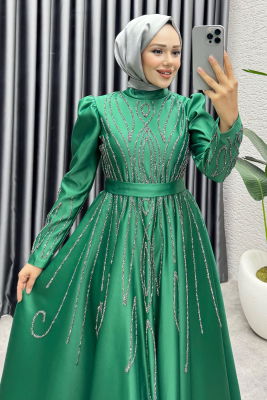 Gökçe Taş İşlemeli Abiye 6636 Zümrüt - 2