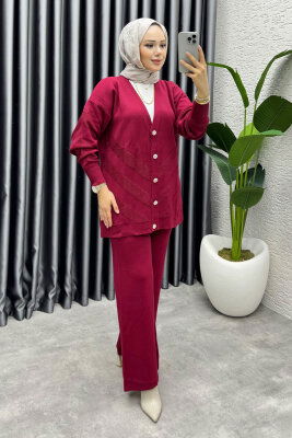 İdil Düğme Detaylı Triko Takım 1314 Bordo - 3