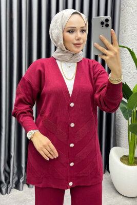 İdil Düğme Detaylı Triko Takım 1314 Bordo - 2