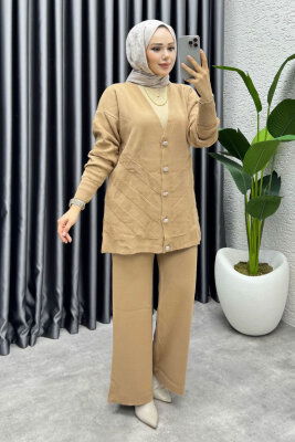 İdil Düğme Detaylı Triko Takım 1314 Latte - 2