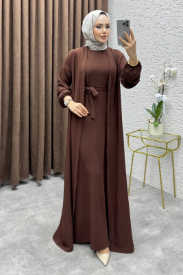 Betül İkili Abaya Elbise Takım 24686 Kahve - 1