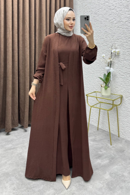 Betül İkili Abaya Elbise Takım 24686 Kahve - 3