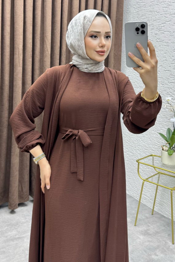 Betül İkili Abaya Elbise Takım 24686 Kahve - VYS (1)