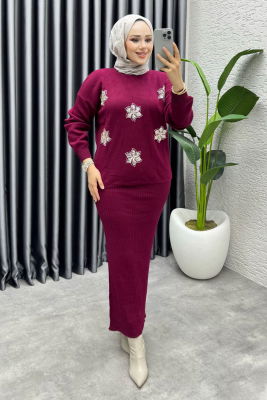  Irmak Çiçek Detaylı Triko Takım 1006 Bordo - 3