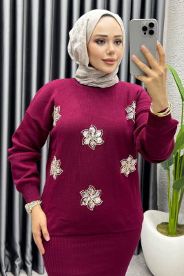  Irmak Çiçek Detaylı Triko Takım 1006 Bordo - 2