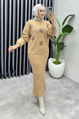  Irmak Çiçek Detaylı Triko Takım 1006 Latte - 3