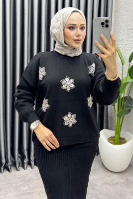 Irmak Çiçek Detaylı Triko Takım 1006 Siyah - 2