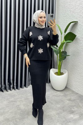 Irmak Çiçek Detaylı Triko Takım 1006 Siyah - 3