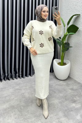  Irmak Çiçek Detaylı Triko Takım 1006 Taş - 1