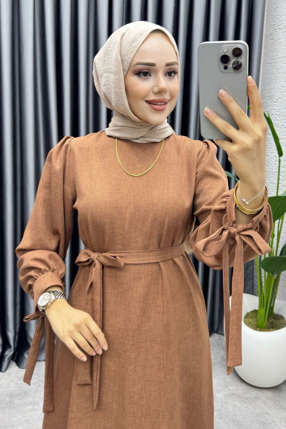 Manşeti Bağlamalı Sofia Keten Elbise 2010 Kahve - FON (1)
