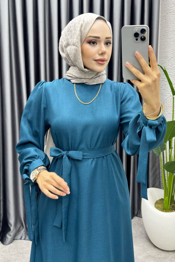 Manşeti Bağlamalı Sofia Keten Elbise 2010 Petrol - FON (1)