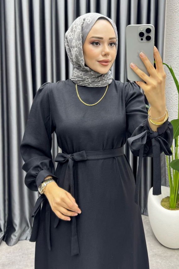 Manşeti Bağlamalı Sofia Keten Elbise 2010 Siyah - FON (1)