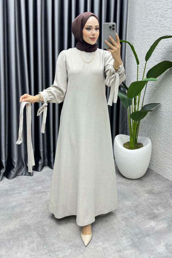 Manşeti Bağlamalı Sofia Keten Elbise 2010 Taş - FON (1)