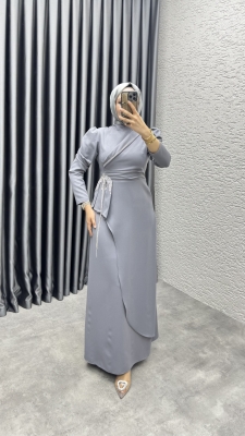 Meç Taşlı Zincir Detay Elbise 8002 Gri - 1