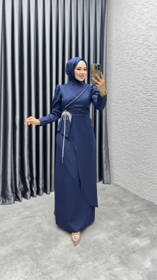 Meç Taşlı Zincir Detay Elbise 8002 Lacivert - 1