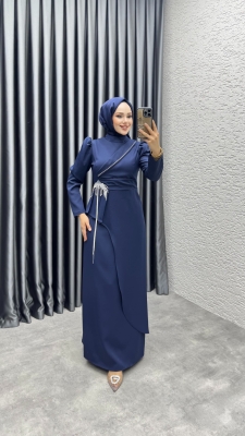 Meç Taşlı Zincir Detay Elbise 8002 Lacivert - 2