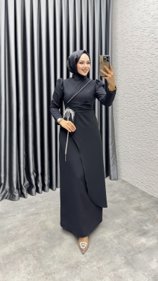 Meç Taşlı Zincir Detay Elbise 8002 Siyah - 2