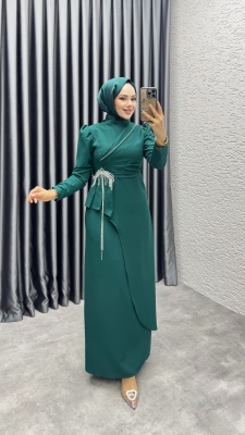 Meç Taşlı Zincir Detay Elbise 8002 Zümrüt - 1
