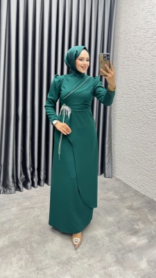 Meç Taşlı Zincir Detay Elbise 8002 Zümrüt - 2