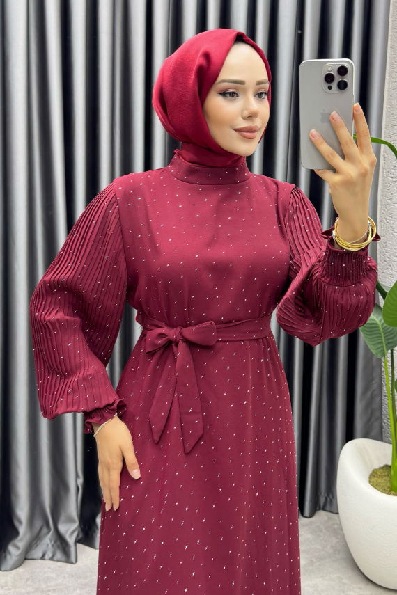Nida Serpme Taş Detaylı Krep Elbise 6063 Bordo - NWS (1)