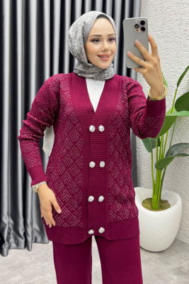 Nihal Simli Triko Takım 1321 Bordo - 2