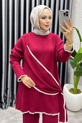 Nil Şal Detay Triko Takım 1206 Bordo - 2