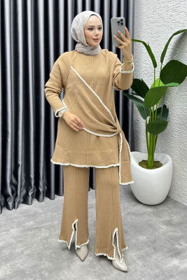 Nil Şal Detay Triko Takım 1206 Latte - 1