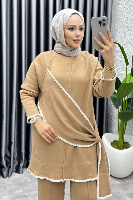 Nil Şal Detay Triko Takım 1206 Latte - MT (1)