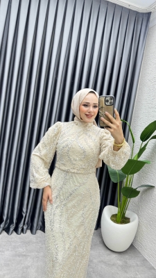 Nora Taşlı Kalem Abiye 8014 Krem - 3