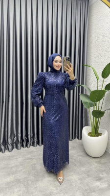 Omuzu Tüy Detaylı Taşlı Abiye 8011 Lacivert - 1