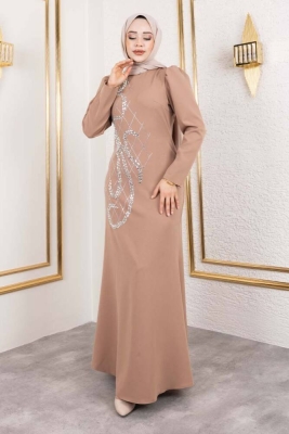 Önden Taş İşlemeli Krep Elbise 8019 Vizon - 2