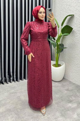  Sahra Otriş Detay Abiye 1004 Bordo - 1