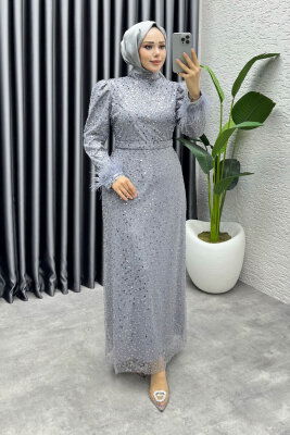  Sahra Otriş Detay Abiye 1004 Gri - 1