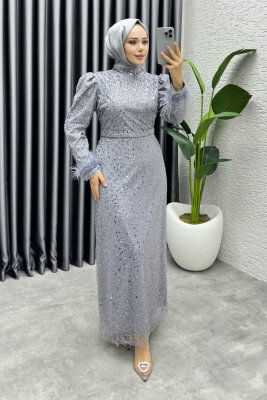  Sahra Otriş Detay Abiye 1004 Gri - 3