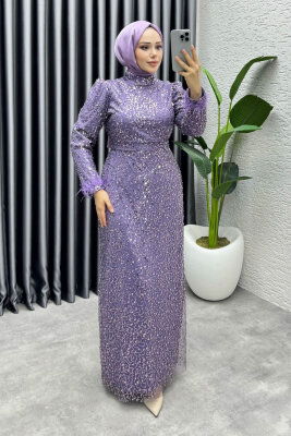  Sahra Otriş Detay Abiye 1004 Koyu Lila - 1