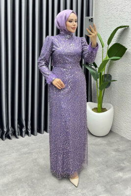  Sahra Otriş Detay Abiye 1004 Koyu Lila - 3