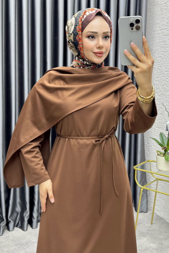 Nur Krep Elbise 3057 Kahve - YVZ (1)