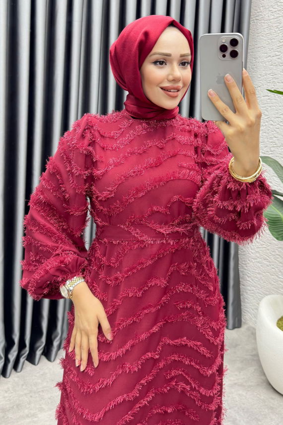 Sera Püsküllü Elbise 1001 Bordo - YGS (1)