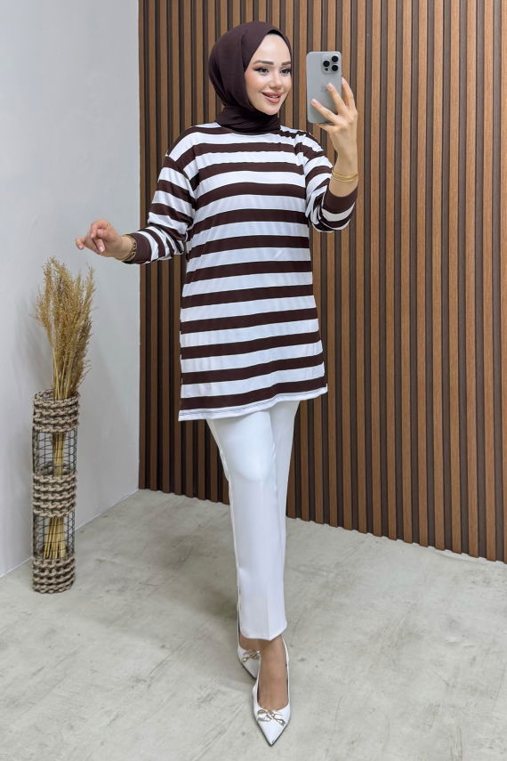 Şeritli Penye Tunik 4002 Kahve - BO (1)