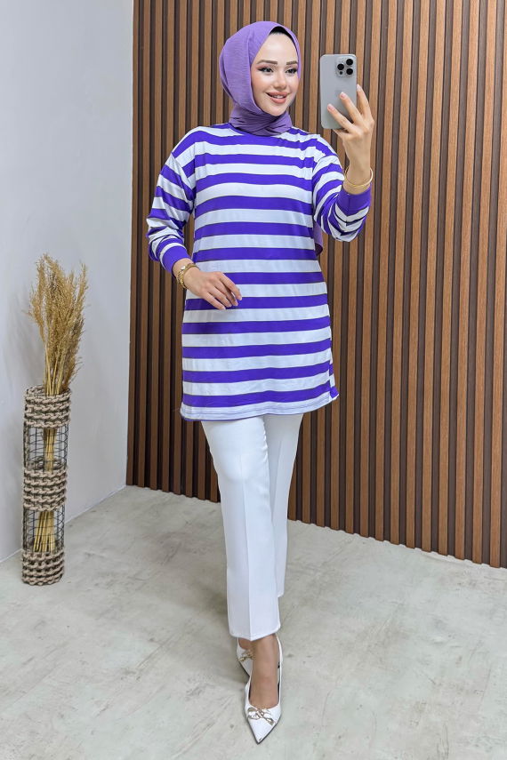 Şeritli Penye Tunik 4002 Lila - BO (1)