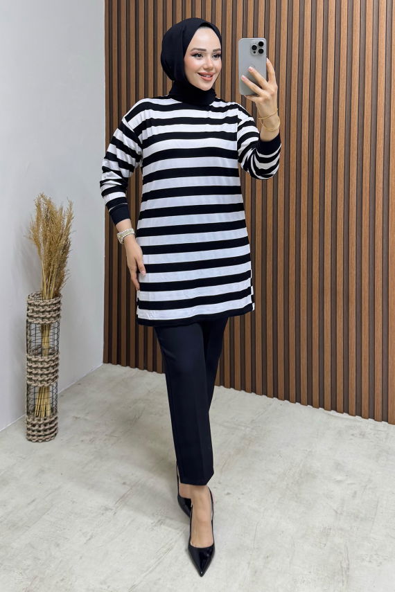 Şeritli Penye Tunik 4002 Siyah - BO (1)