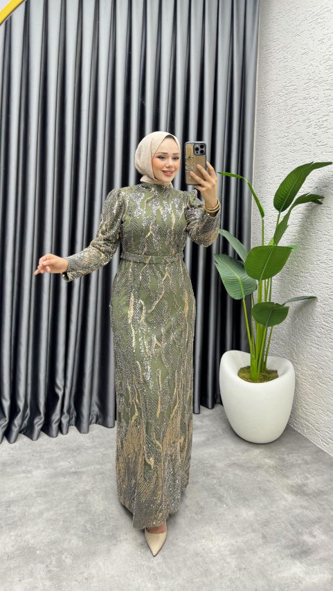 Shine Taşlı Kalem Abiye 6628 Haki - YGS (1)